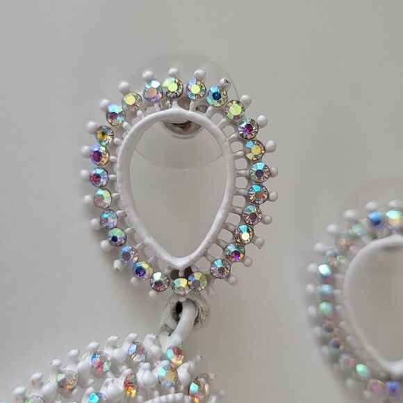 Earrings Double Teardrop White Aurora Borealis Crystal Earrings #0062 - Picture 8 of 13